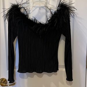 Cachet Black Evening Top Off Shoulder Marabou Fur
